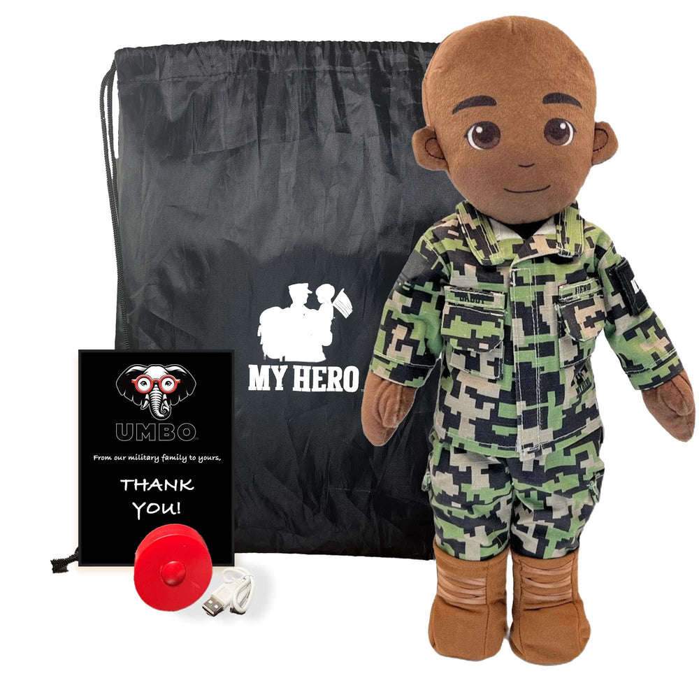 Daddy Doll, Military Doll, Navy Doll [Dark Skin Bald Male] Recorder with Charging Cable, recordable Navy daddy doll with My Hero bag and USB cable