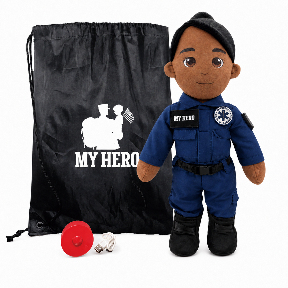 Paramedic Doll with dark skin and black hair, female emergency responder in a blue EMT uniform with black boots beside a black My Hero drawstring backpack, recorder, charger and accessories on a white background.