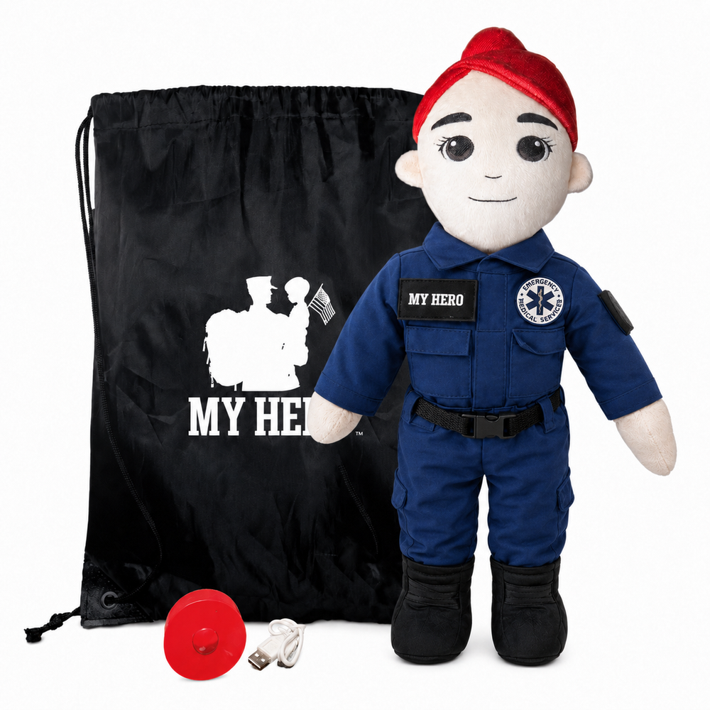 Paramedic Doll with fair skin and red hair, female emergency responder doll in a blue EMT uniform with black boots beside a black My Hero backpack, recorder and accessories on a white background.