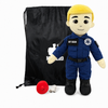 EMT Plush with fair skin and blonde hair, male paramedic doll wearing a blue EMT uniform with black boots beside a black My Hero drawstring backpack, recorder, charger and accessories on a white background.