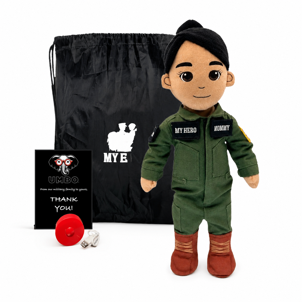 Pilot Daddy Doll Tan Skin Brown Hair Female Doll with Flight Suit, My Hero Backpack, Recorder and Charger A custom plush doll named 'UMBO' wearing an olive green military jumpsuit with 'MY HERO' and 'MOMMY' patches, standing next to its black drawstring bag, a black gift card, and a small red accessory on a white background.