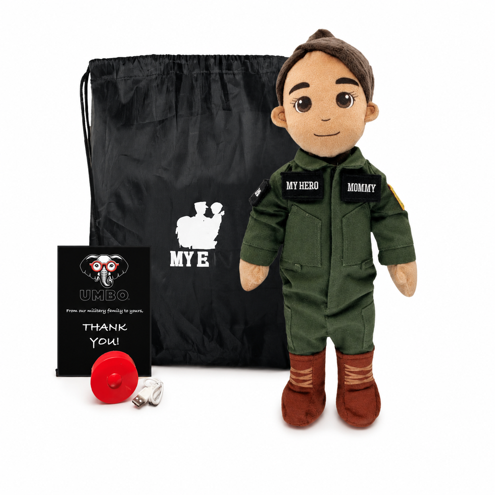 Pilot Daddy Doll Dark Skin Bald Male Doll with Flight Suit, My Hero Backpack, Recorder and ChargerA personalized plush toy soldier dressed in an olive green military jumpsuit with 'MY HERO' and 'MOMMY' patches, standing next to a black drawstring bag, a small black card, and a red fire extinguisher on a white background.
