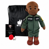 Pilot Daddy Doll Dark Skin Black Hair Male Doll with Flight Suit, My Hero Backpack, Recorder and Charger, A plush doll dressed in a military-style jumpsuit with 'MY HERO' and 'DADDY' patches, shown with a black drawstring bag, a small red disc, and a black thank-you card on a white background.