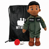 Pilot Daddy Doll Fair Skin Blonde Hair Male Doll with Flight Suit, My Hero Backpack, Recorder and Charger. A plush doll dressed in an olive green jumpsuit with 'MY HERO DADDY' patches, a black beret, and brown boots, shown with a black drawstring bag and a red cap on a white background.