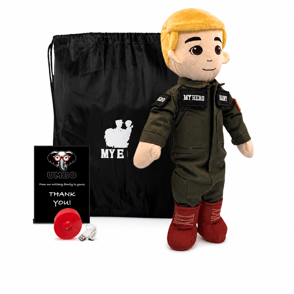Pilot Daddy Doll Fair Skin Red Hair Male Doll with Flight Suit, My Hero Backpack, Recorder and ChargerA plush doll named UMBRO named 'MY HERO' wearing an olive green flight suit and red boots, shown with a black drawstring bag, a small black plaque, and a red wheel on a white background.
