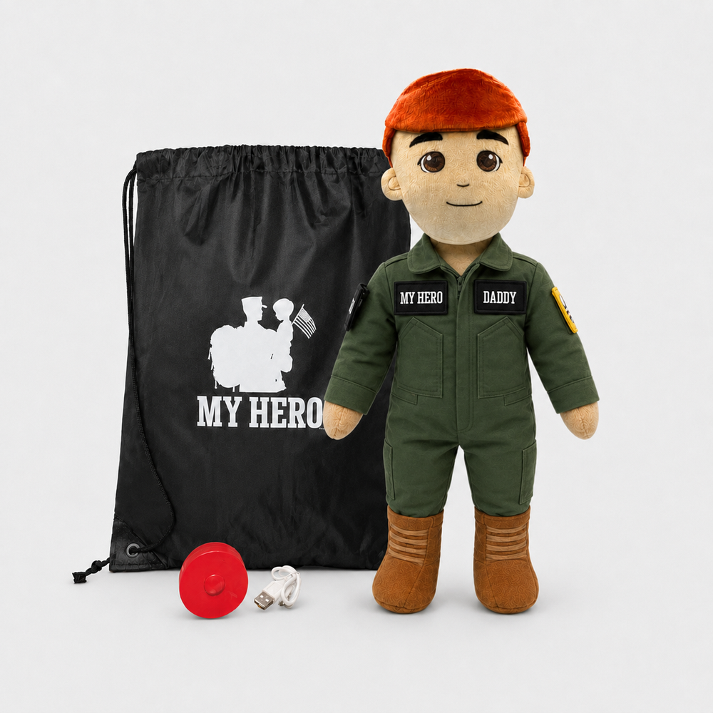 Pilot Daddy Doll Fair Skin Red Hair Male Doll with Flight Suit, My Hero Backpack, Recorder and ChargerA plush doll dressed in an olive green military-style jumpsuit with brown boots, a red beret, and name patches reading 'MY HERO' and 'DADDY', shown with a black drawstring bag and a red mask on a light gray background.