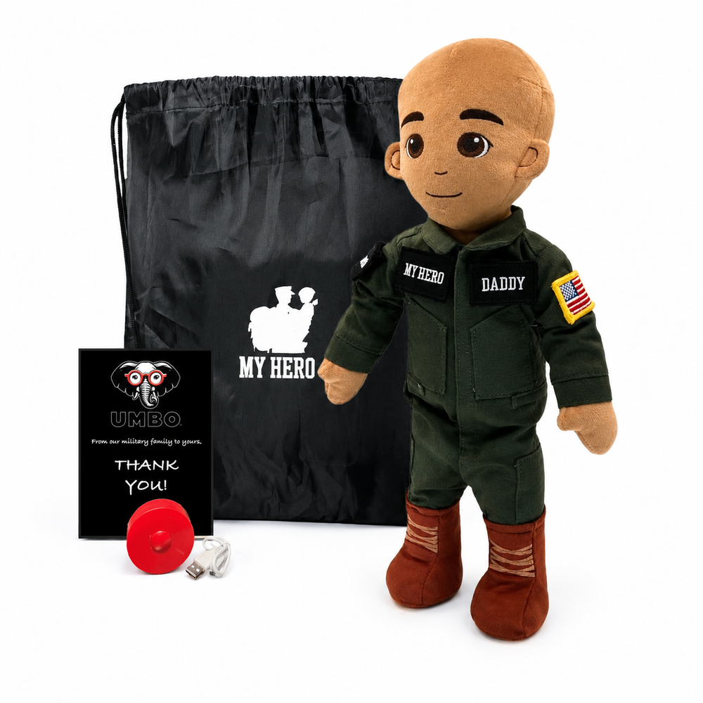 Pilot Daddy Doll Tan Skin Bald Male Doll with Flight Suit, My Hero Backpack, Recorder and Charger A custom plush military-style doll named Ummo stands next to a black drawstring bag, a black thank-you card, and a small red gift box on a white background. The doll is wearing a dark green uniform with 'MY HERO' and 'DADDY' embroidered on the chest, and an American flag patch on the sleeve.