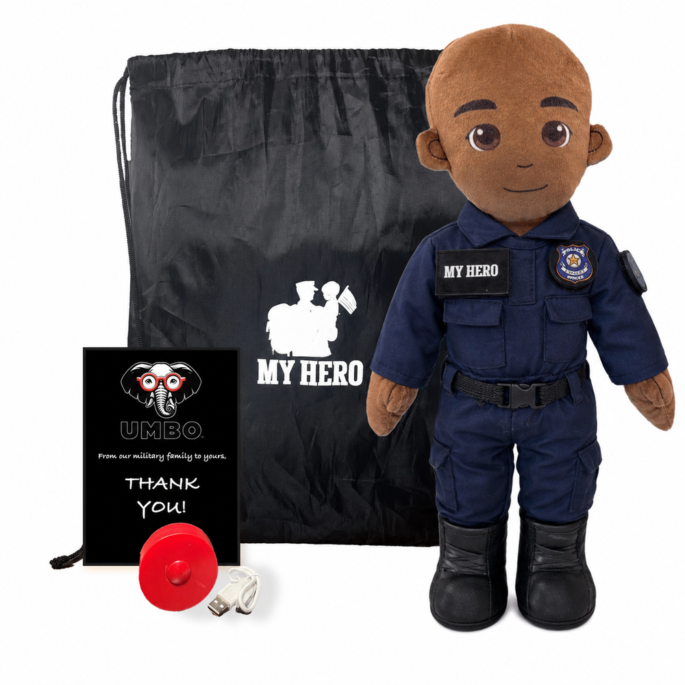 A plush law enforcement themed doll dressed in a navy blue uniform with black boots, shown with a black drawstring bag, a small red whistle, and a printed thank-you card on a white background.