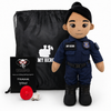 A custom police plush doll named 'UMBO' in a navy blue police uniform with 'MY HERO' patches, displayed alongside a black drawstring bag, a black gift card, and a small red weight on a white background.