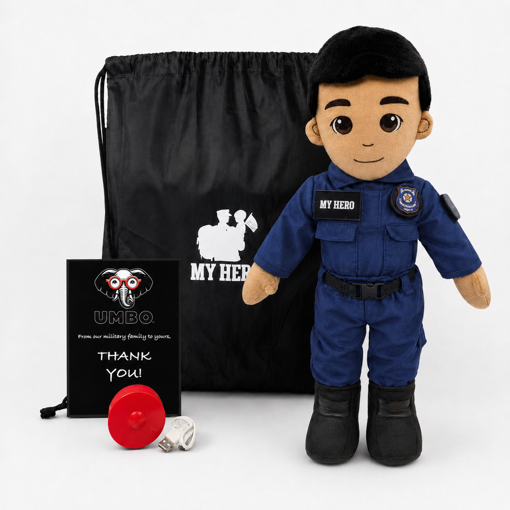 A custom plush police doll dressed in a blue  police doll uniform with a black name patch reading 'MY HERO'. The plush is displayed next to its black drawstring bag, a black printed card, and a small red accessory on a clean white background.