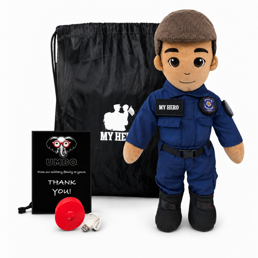 A custom police stuffed animal dressed in a blue uniform and brown beret, displayed alongside a black drawstring bag, a black personalized thank you card, and a red whistle on a white background