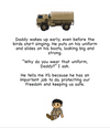 Illustration from Army Children's book of two soldier walking  in front of military vehicles