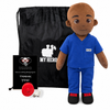 A custom plush doctor doll named UMBO, wearing a blue scrubs set, standing next to a black drawstring bag, a black personalized thank you card, and a red megaphone on a white background.