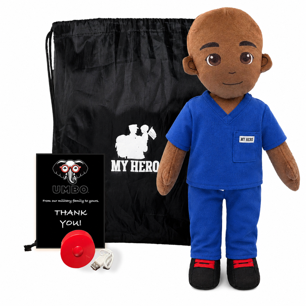 A custom plush doctor doll named UMBO, wearing a blue scrubs set, standing next to a black drawstring bag, a black personalized thank you card, and a red megaphone on a white background.