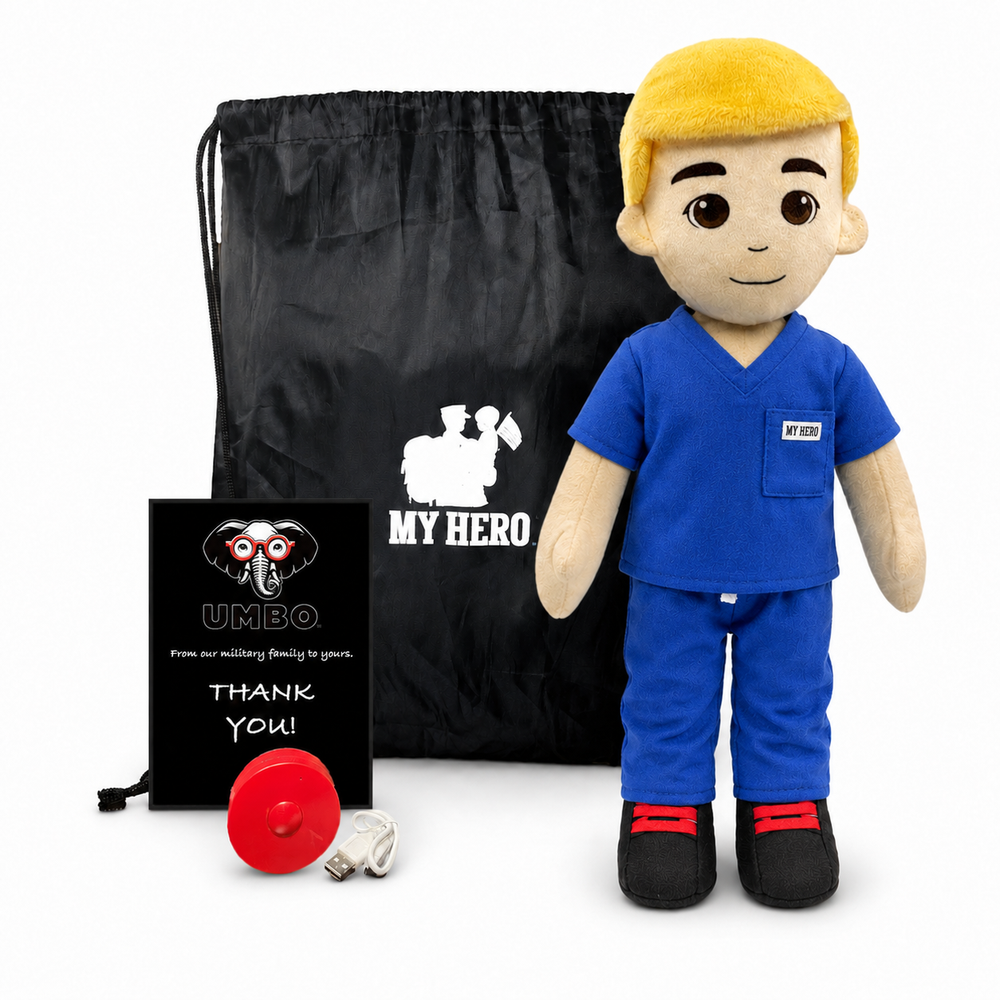 A plush doctor doll with yellow hair, wearing a blue scrub outfit and black shoes, displayed with a black drawstring bag, a black thank-you card, and a red toy sphygmomanometer on a white background.