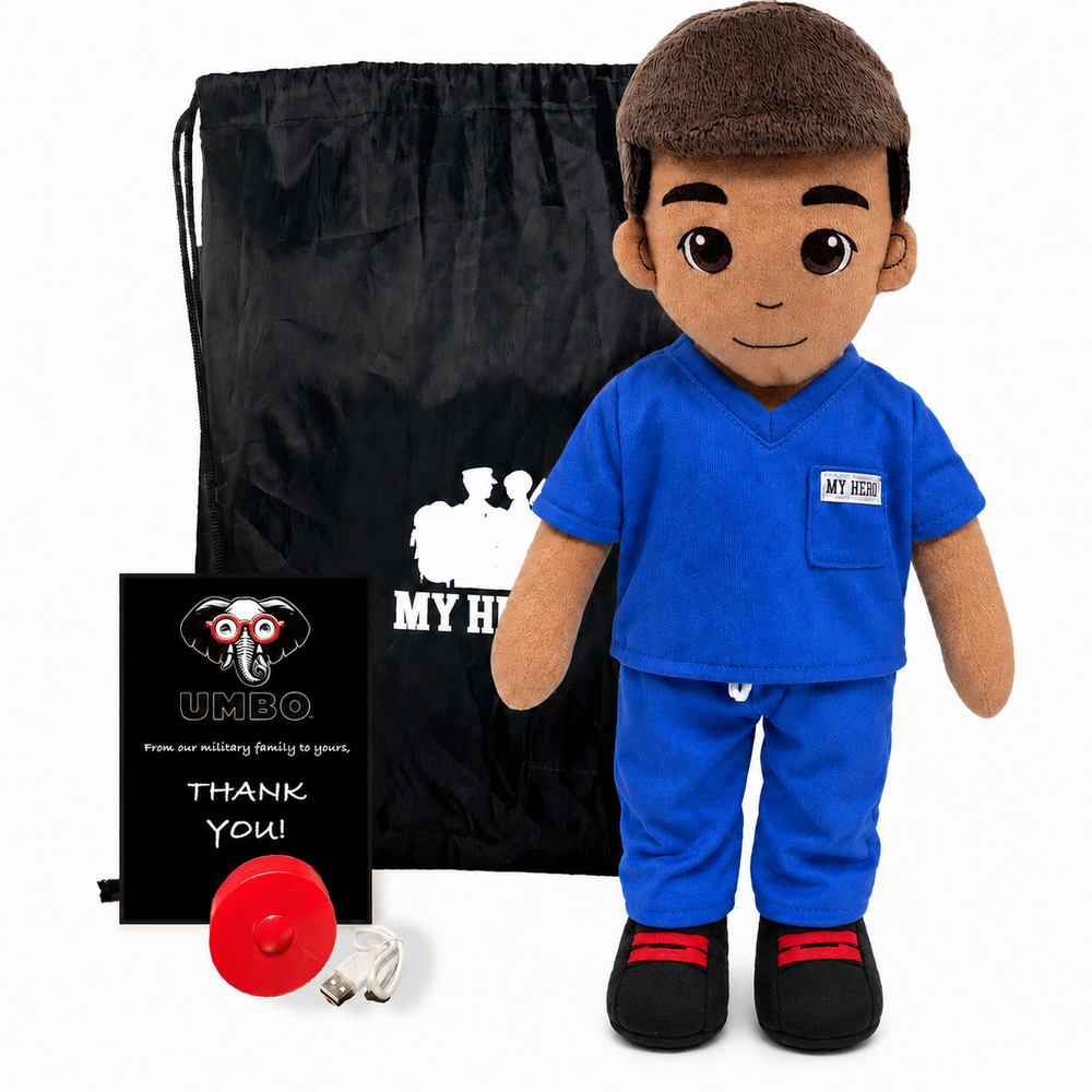 A custom military-themed plush doll dressed in blue scrubs with a brown beret, standing next to a black drawstring bag, a black personalized gift card, and a red ribbon.
