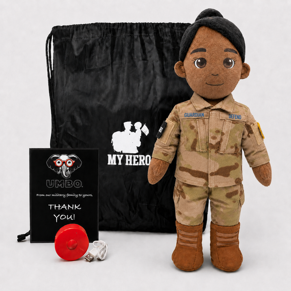 Space Force Doll Recordable Doll, Dark Skin with Black Hair, custom plush doll of a female soldier in OCP uniform standing next to My Hero Backpack, recording device and charger.
