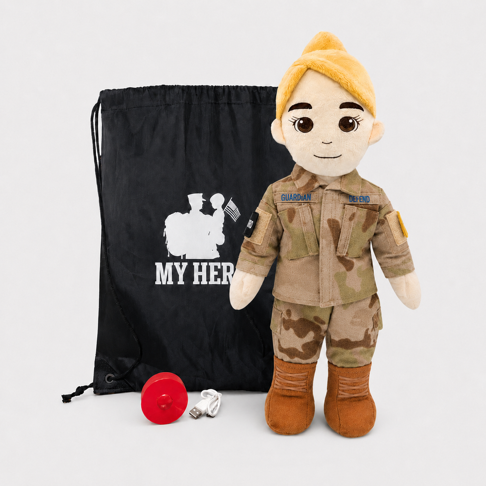 Space Force Doll Recordable Doll, Fair Skin with Blonde Hair, custom plush doll of a female soldier in OCP uniform standing next to My Hero Backpack, recording device and charger.