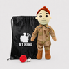 Space Force Doll Recordable Doll, Fair Skin with Red Hair, custom plush doll of a female soldier in OCP uniform standing next to My Hero Backpack, recording device and charger.