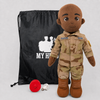 Space Force Doll Recordable Doll, Dark Skin and Bald, custom plush doll of a male soldier in OCP uniform standing next to My Hero Backpack, recording device and charger.