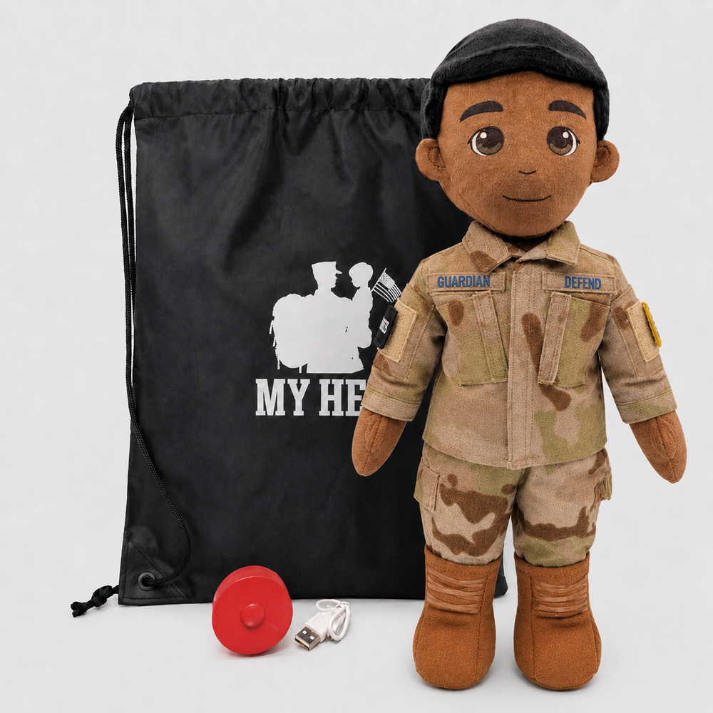 Space Force Doll Recordable Doll, Dark Skin with Black Hair, custom plush doll of a male soldier in OCP uniform standing next to My Hero Backpack, recording device and charger.