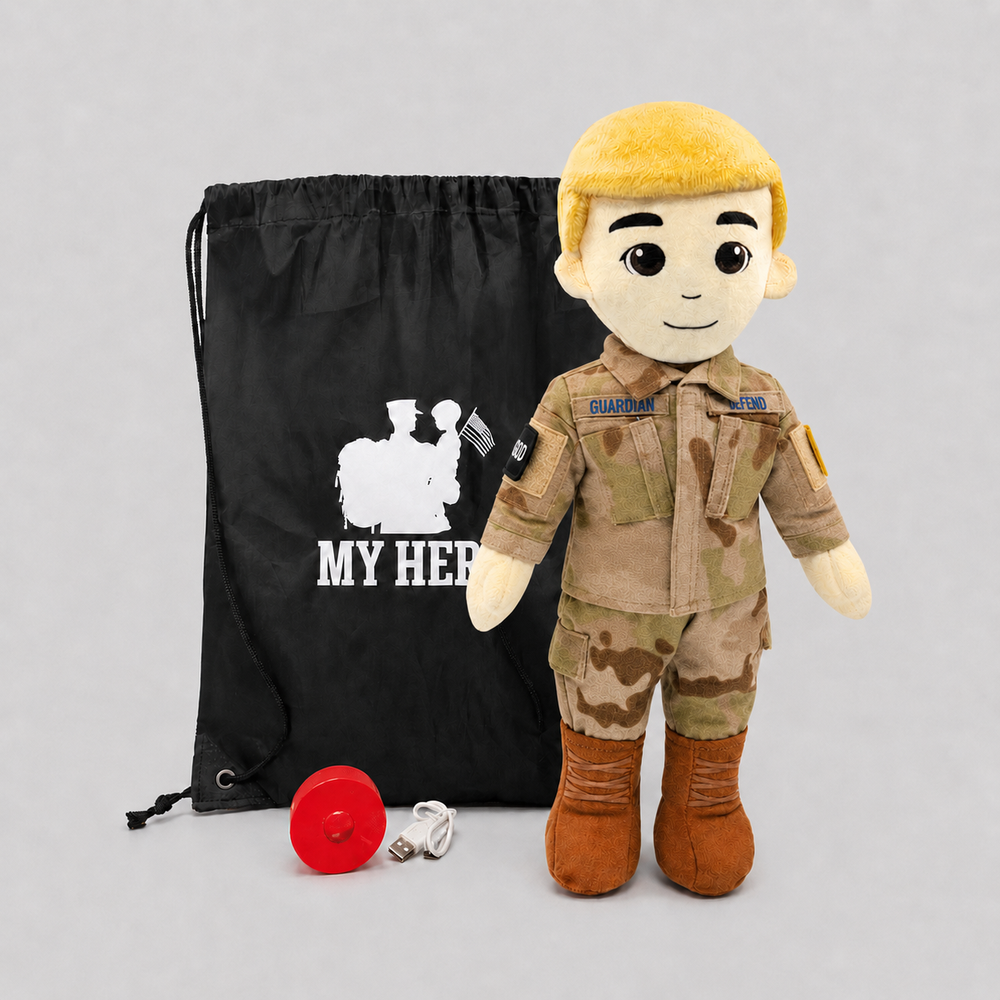 Space Force Doll Recordable Doll, Fair Skin with Blonde Hair, custom plush doll of a male soldier in OCP uniform standing next to My Hero Backpack, recording device and charger.