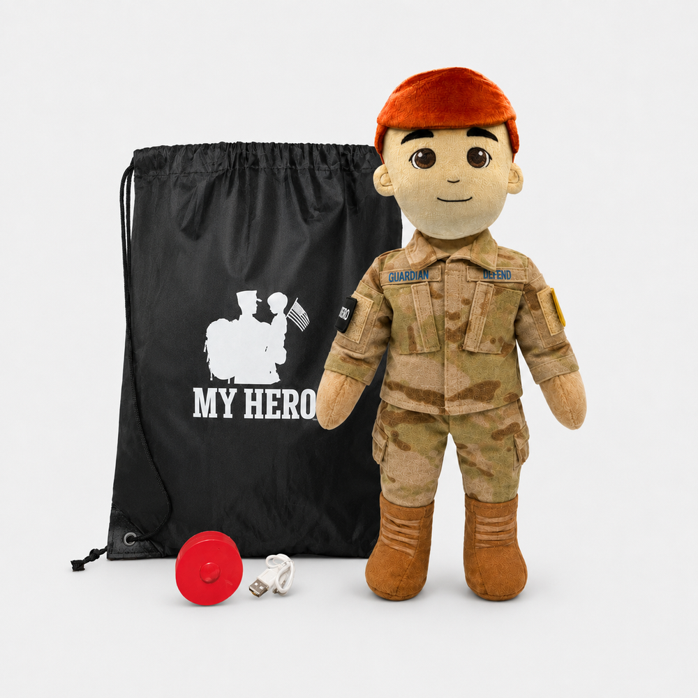 Space Force Doll Recordable Doll, Fair Skin with Red Hair, custom plush doll of a male soldier in OCP uniform standing next to My Hero Backpack, recording device and charger.