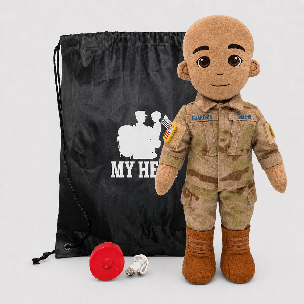 Space Force Doll Recordable Doll, Tan Skin and Bald, custom plush doll of a male soldier in OCP uniform standing next to My Hero Backpack, recording device and charger.