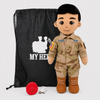 Space Force Doll Recordable Doll, Tan Skin with Black Hair, custom plush doll of a male soldier in OCP uniform standing next to My Hero Backpack, recording device and charger.
