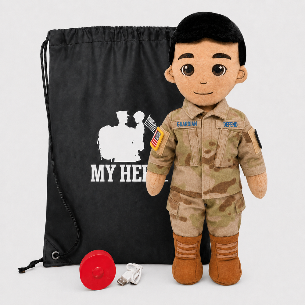 Space Force Doll Recordable Doll, Tan Skin with Black Hair, custom plush doll of a male soldier in OCP uniform standing next to My Hero Backpack, recording device and charger.