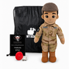 Space Force Doll Recordable Doll, Tan Skin with Black Hair, custom plush doll of a female soldier in OCP uniform standing next to My Hero Backpack, recording device and charger.