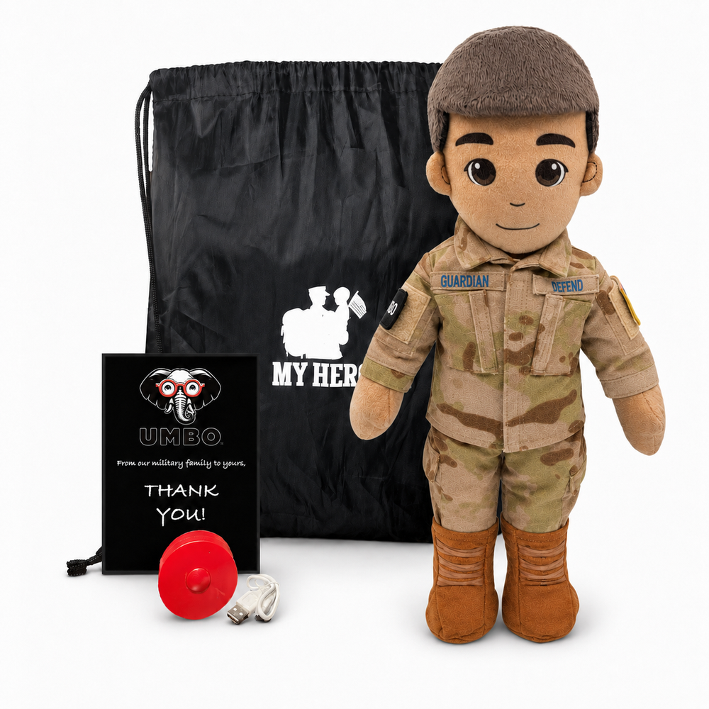 Space Force Doll Recordable Doll, Tan Skin with Black Hair, custom plush doll of a female soldier in OCP uniform standing next to My Hero Backpack, recording device and charger.