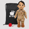 Space Force Doll Recordable Doll, Tan Skin with Brown Hair, custom plush doll of a female soldier in OCP uniform standing next to My Hero Backpack, recording device and charger.