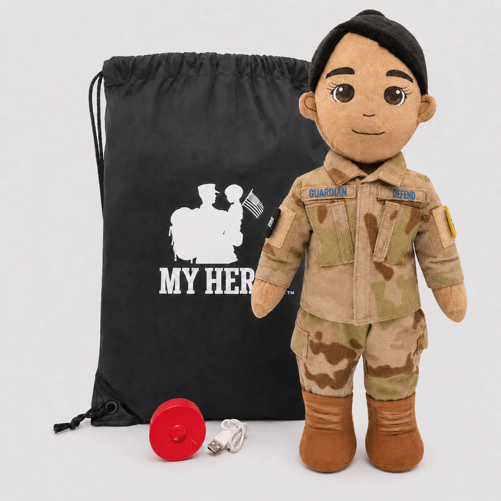 Space Force Doll Recordable Doll, Tan Skin with Brown Hair, custom plush doll of a female soldier in OCP uniform standing next to My Hero Backpack, recording device and charger.