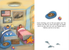 Marine Children's book with an illustrated bedroom scene on the left and text plus small drawings on the right. The scene shows two children in bed, framed wall art including an American flag and a military aircraft, a blue pet bed with a sleeping dog, and a ball with a Marine Corps emblem.
