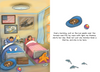 A children's book or illustrated story page showing a bedroom scene with two children in bed, framed wall art including an American flag and a military jet, and a white sidebar with a bedtime story about one child's mother being a Marine and the other child's hero.