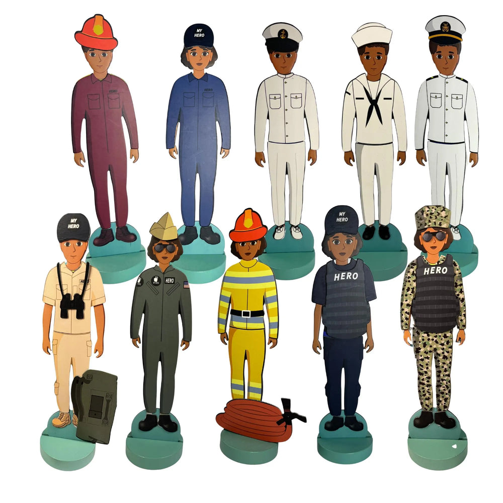 My Hero Magnetic Dress Up collection featuring Navy sailor, firefighter, police, doctor, nurse, military, and first responder magnetic toy characters