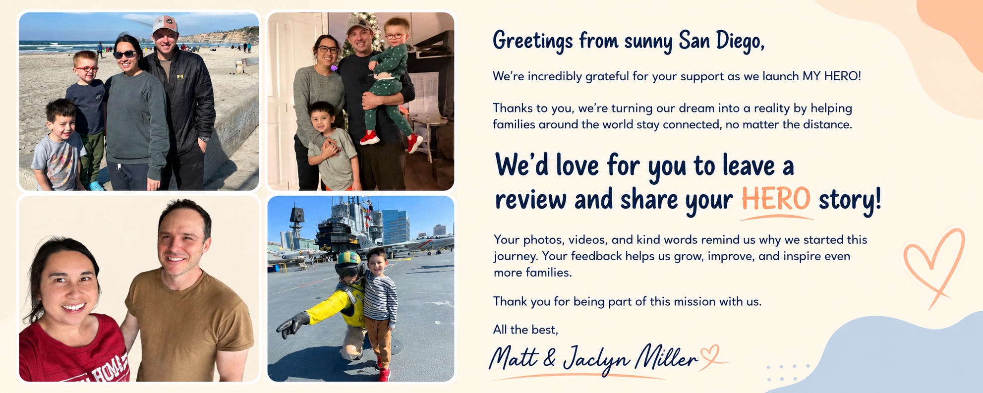 Promotional graphic for Matt & Jaclyn Miller with family photos and text on a colorful background