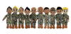 Lineup of multiple Daddy Dolls in uniform, arranged in a row — personalized military plush toys for family connection and support during service member absence.