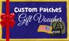 Gift voucher for creating custom patches, includes red bow and sample patches.