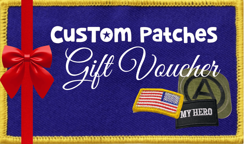 Gift voucher for creating custom patches, includes red bow and sample patches.