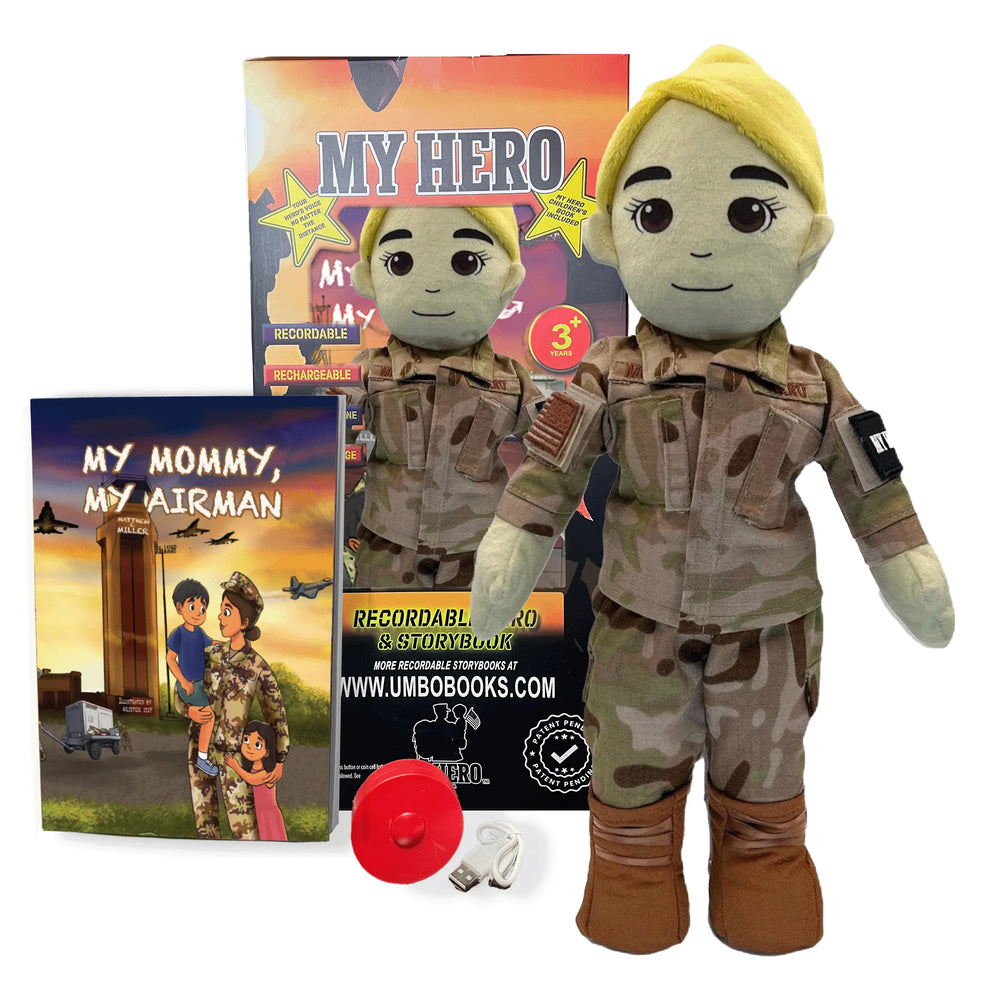 Customizable Doll, Personalized Doll, Military Doll, Daddy Doll, Mommy Doll, Blonde Hair Doll, Air Force Doll, Airman Doll, Recordable Doll, Military Doll, Talking Doll, and Deployment Doll for Military Kids