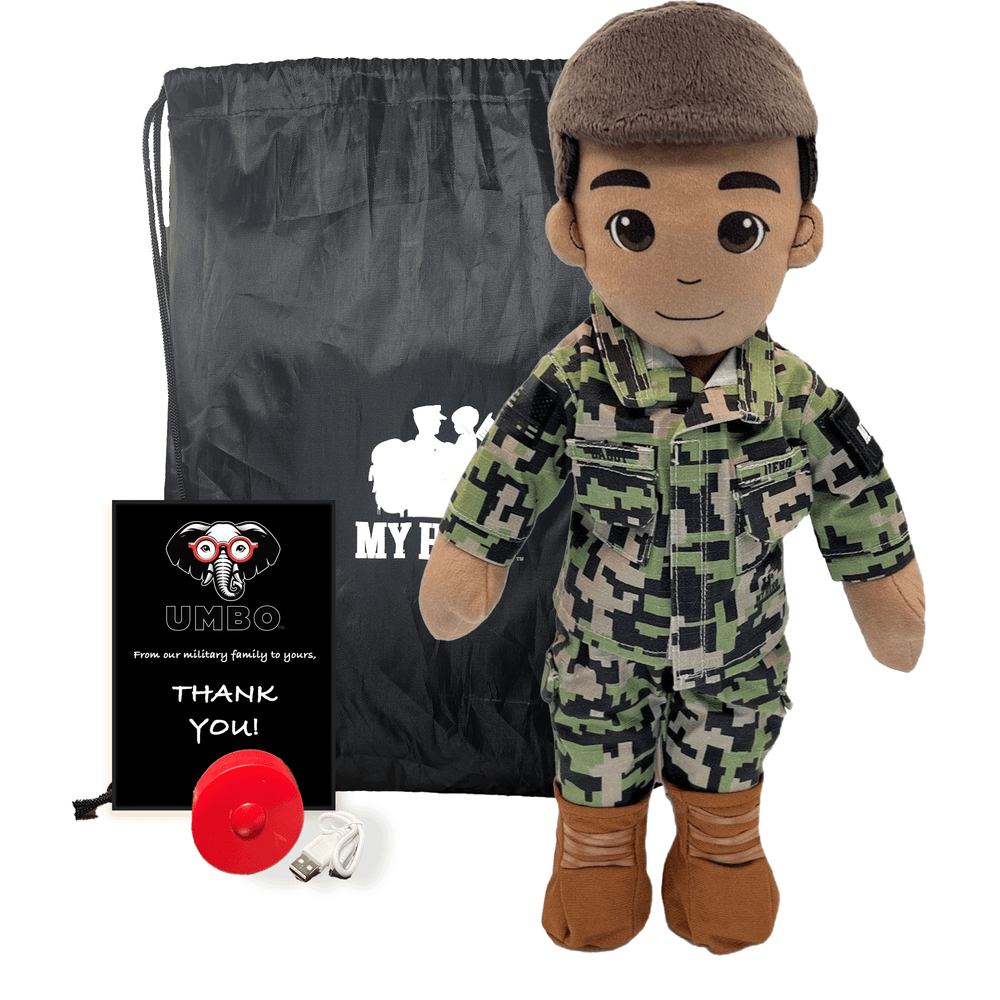 Short-haired Daddy Doll in Navy camo, shown with red heart and voice recording box — perfect for maintaining emotional bonds while a loved one is away serving.