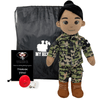 Smiling Daddy Doll in camo next to a red heart and black speaker — personalized plush for military kids to hear their parent’s voice anytime.