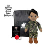 Daddy Doll in Navy camo standing beside speaker and red heart — recordable plush toy handmade for children of deployed service members.