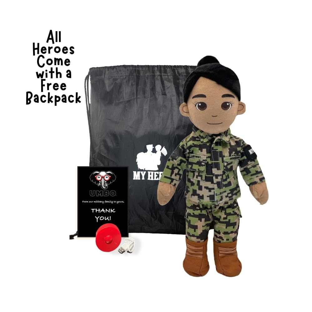 Daddy Doll in Navy camo standing beside speaker and red heart — recordable plush toy handmade for children of deployed service members.