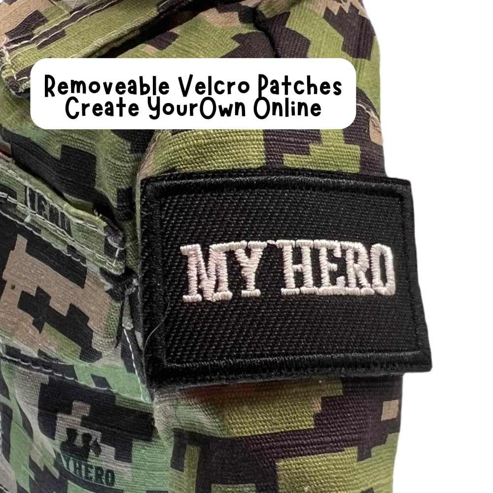 Close-up of Daddy Doll in camouflage next to a patch labeled "MY HERO" — customizable recordable plush designed for emotional support during deployment.
