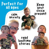 Child hugging Daddy Dolls with text overlay promoting connection during separation — ideal for emotional support and daily comfort for military families.