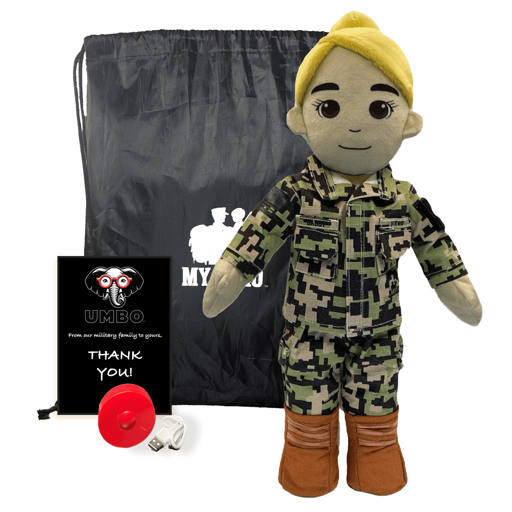Light-haired Daddy Doll in Navy camo, paired with a red heart and black recorder box — a comforting gift for children missing a deployed parent.