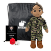 Daddy Doll in digital camo uniform shown with a red heart and voice recorder — a heartfelt plush toy that helps kids stay connected to loved ones during military separation.